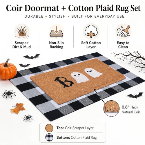 Halloween Door Mat Combo Set, Boo Ghost Coco Coir Welcome Doormat + 28" x 43" Black and White Plaid Rug, Autumn Halloween Front Porch Entryway Decor Floor Mat - image 2