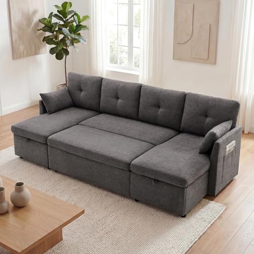 Image of Huatean Home 100 inch Oversized Sleeper Sofa Couch, 2 in 1 Pullout Couch Bed with Side Pockets for Living Room, Sectional Sleeper Sofa Bed with Double Storage Chaise, Darkgrey