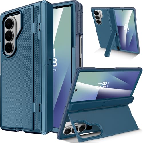 Miimall Dual Stand for Samsung Galaxy Z Fold 7 Case Heavy Duty [Military Grade Drop] [Built-in Glass Screen & Kickstand] Shock-Absorbing Rugged Protective Phone Case for Galaxy Z Fold 7 Cover Blue