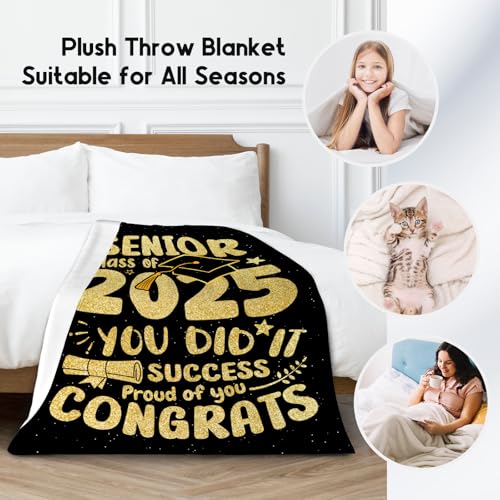Graduation Blanket - Class of 2025 Graduation Gifts for Her or Him - 40"x50" Flannel Soft Throw Decorations - Senior 2025 Gold Blankets for College, High School