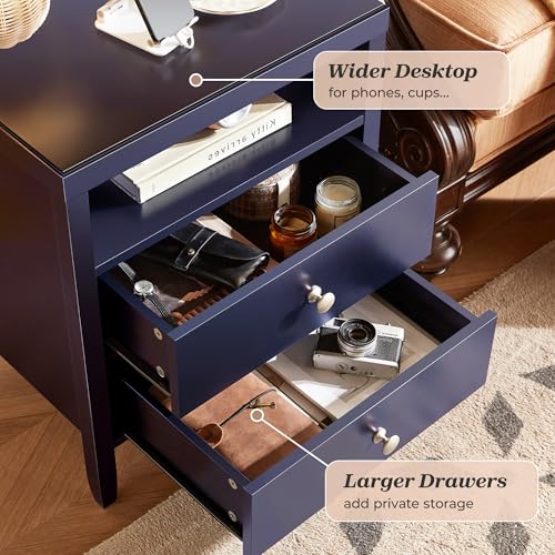 Image of Huuger Nightstand with Charging Station, Blue Nightstand with 2 Drawers