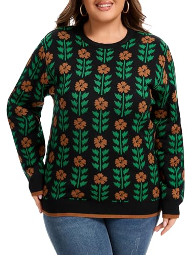 Moon Wood Jerséis Mujer Plus Size Suéter Oversize Tejido Jacquard Casual Invierno Cálido Jersey Manga Larga Cuello Redondo Tallas Grandes Estampado 05 3XL