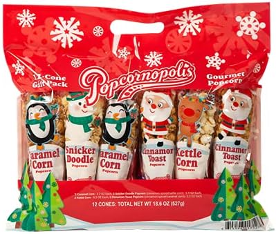 Popcornopolis Gourmet Popcorn Snacks, Holiday12 Cone Variety Snack Packs (Gift Cone) – Perfect Party Favors Including Kettle Popcorn, Cinnamon Toast Popcorn, Caramel Popcorn, and Snickerdoodle Popcorn