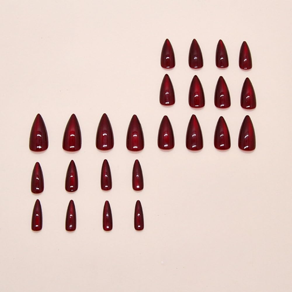 JUSTOTRY 24 Pcs Dark Red Cat Eye Almond False Nails Short,Burgundy Press on Nails Pattern,Glossy Fake Nail Medium for Nail Art,Cateye French Oval Stick on Nail for Women Gifts - Image 2