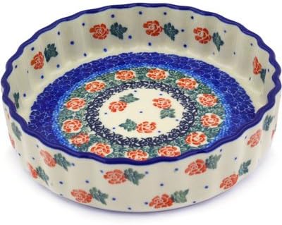 Polmedia Polish Pottery Fluted Pie Dish - Cabbage Rose Garden Pattern Handmade in Boleslawiec Poland by Ceramika Artystyczna + Certificate of Authenticity