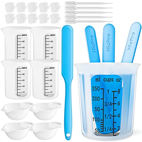 Nicpro Taza Medidora de Silicona 250 ml & 100 ml, Vasos Medidores Antiadherentes para Mezclando Resina Pintura, Arte Manualidades con pipetas, 4 Silicone Stick Cover