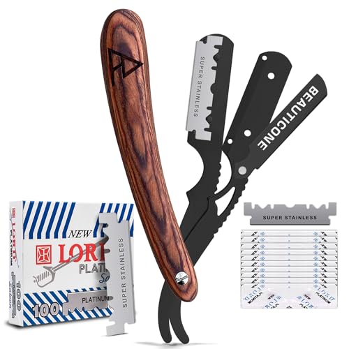 BEAUTICONE Barber Straight Razor for Men – Professional Shavette with Wood Handle &amp; Swinglock Blade Holder, 100 Stainless Steel Blades Included, Cut Throat Razor