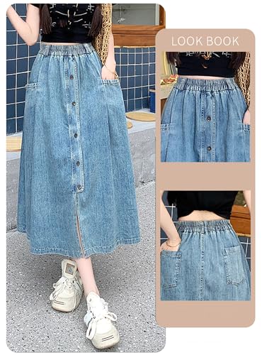 Womens Casual Jean Skirt Elastic Waist Buttons Split A Line Long Denim Skirts with Pockets2