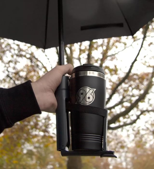 Hannover 96 Regenschirm mit Becherhalter – Offizieller Fan Schirm – Fußball Fanartikel – Stockschirm Windfest – Geschenk für Fans – Schwarz Rot