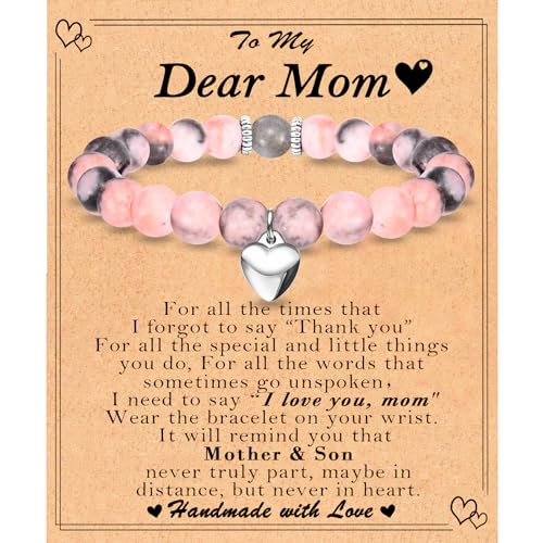 Image of Mothers Day Gifts for Mom, Christmas Valentines Day Easter Birthday Gifts Stocking Easter Basket Stuffers Beaded Bracelet Jewelry Gifts for Mom from Son, 7, Pink