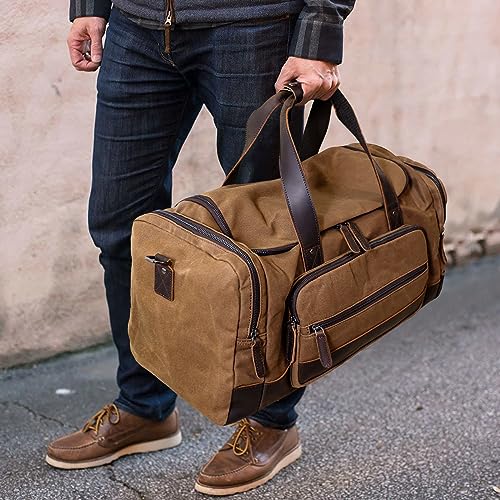 Polare 23" Travel Waxed Canvas Cowhide Leather Trim Duffel Bag 42L Waterproof Trim Luggage Weekender Overnight Vintage Carry on Hand Bag2