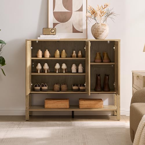 Image of SICOTAS Rattan Shoe Cabinet Storage for Entryway - 30 Pairs Boho Shoe Storage Organizer with Adjustable Shelves & 3 Doors, Tall Shoe Rack Cabinet for Hallway, Living Room (Carbon Cherry)