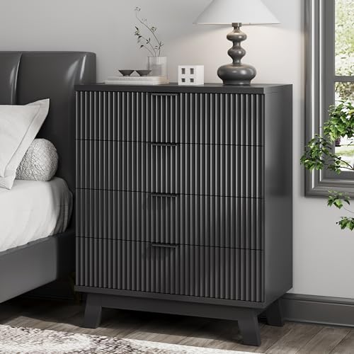 Image of Xixini Fluted Nightstand, 31.5 inch Wide Side Table with 4 Large Storage Drawers, Mid Century Modern Wood Night Stand with Metal Handle, Wooden Bedside End Table for Bedroom, Black