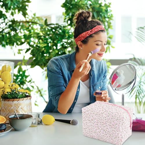 Quilted Makeup Bag Floral Large Cute Cosmetic Bag Cotton Puffy Makeup Organizer Coquette Travel Makeup Pouch Aesthetic Portable Zipper Toiletry Storage Bag for Women Girls (Pink)2