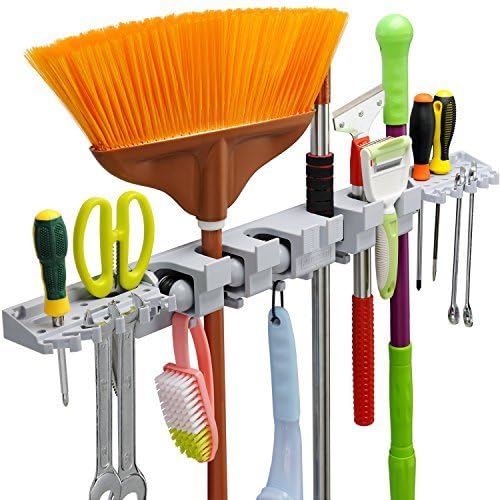 Anybest Utility Mop Broom Holders Wall-Mounted Garden Tool Rack Storage Racks Garage Storage & Organization for Rake or Mop Handles Up To 1.25-Inches with 6 Positions 6 Hooks 2 Tool Platforms
