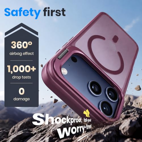 Image of Elzzi Kickstand Case for iPhone 17 Pro Max Case Compatible with MagSafe, Built-in Adjustable Camera Guard Stand, Translucent Matte Anti-Fingerprint Heavy Duty Shockproof Phone Cover - Cherry
