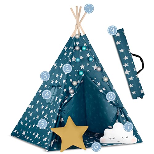 Nukido Tenda Per Bambini Tipi In Cotone, Struttura In Legno, Design Incantevole, Facile Da Pulire, 120 X 120 X 165 Cm, Luci Blu, 740121 - 4