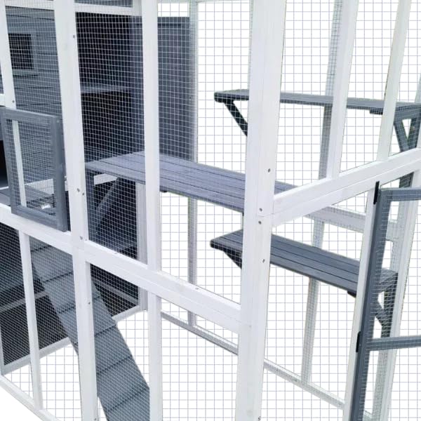 Casetta per gatti da esterni, spaziosa gabbia multi-livello, resistente alle intemperie con comodi nascondigli, struttura in legno resistente per rifugio, elegante design esterno per