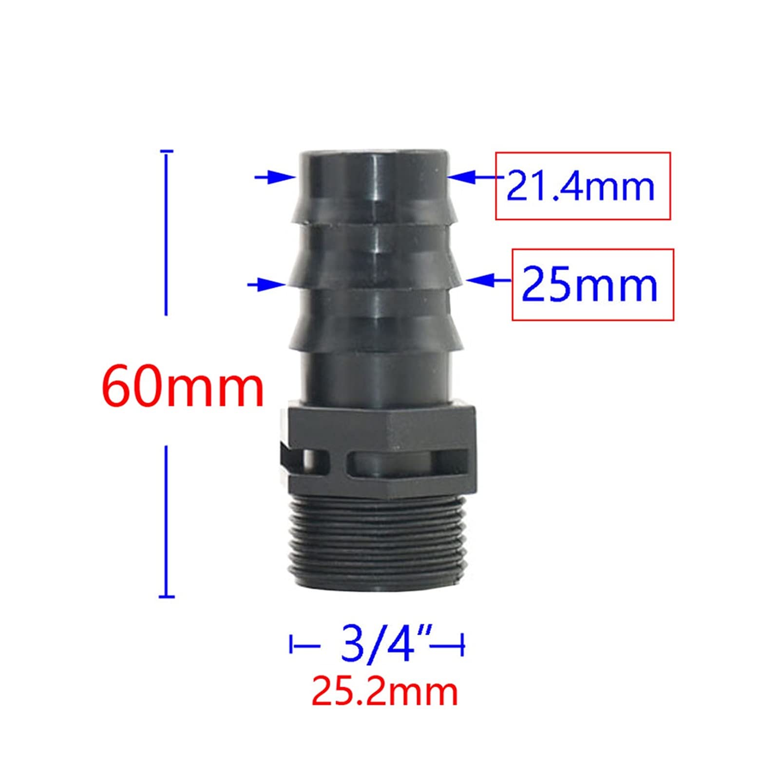 Adaptador de Conector de Manguera 50 16 Mm 20 Mm 25 Mm 32 Mm Conectores de Púas de Manguera de Pe con Roscaho Hembra de 1/2 3/4 1 Pulgada 1/2 3/4 1 "Conector de Púas de Manguera de Plástico/1I2 a 20Mm