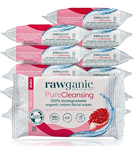 RAWGANIC Toallitas faciales Anti-edad | Toallitas algodón orgánico, hidratantes, sin alcohol y sin perfume | con Granada y Aloe Vera (caja 12 paquetes)