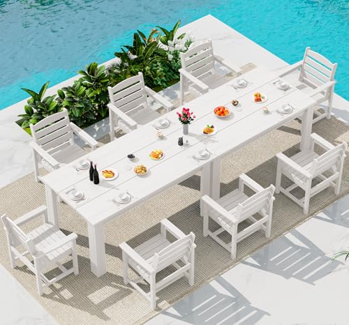 Image of SERWALL Patio Dining Set for 8, w / 2 Tables & 8 Armchairs, White | All Weather Resistant HDPE Dining Sets for Patio, Garden, Backyard