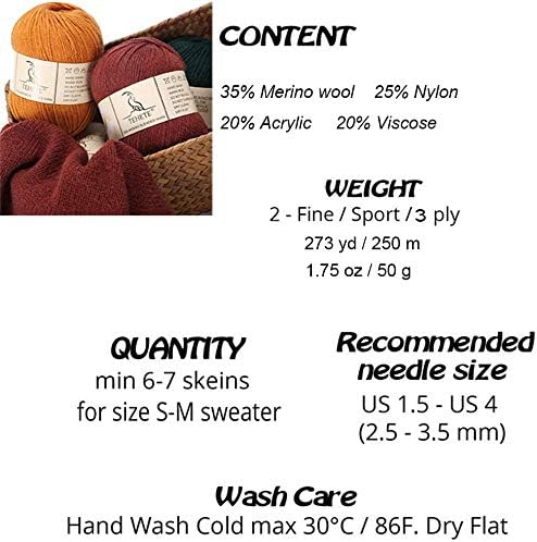 TEHETE Merino Wool Yarn for Knitting and Crochet Yarn 3ply 50g × 3 Balls soft and warm - White