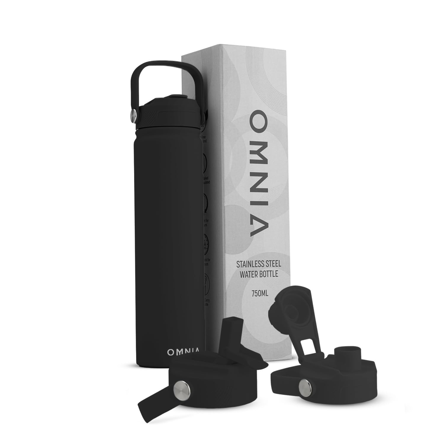 OMNIA NUTRIENTS Vacuum Insulated Stainless Steel Water Bottle, 2 Lids (Straw & Spout) Leakproof, BPA-Free, Reusable Flask Ideal for Travel and Outdoors (Black - 750 ml)