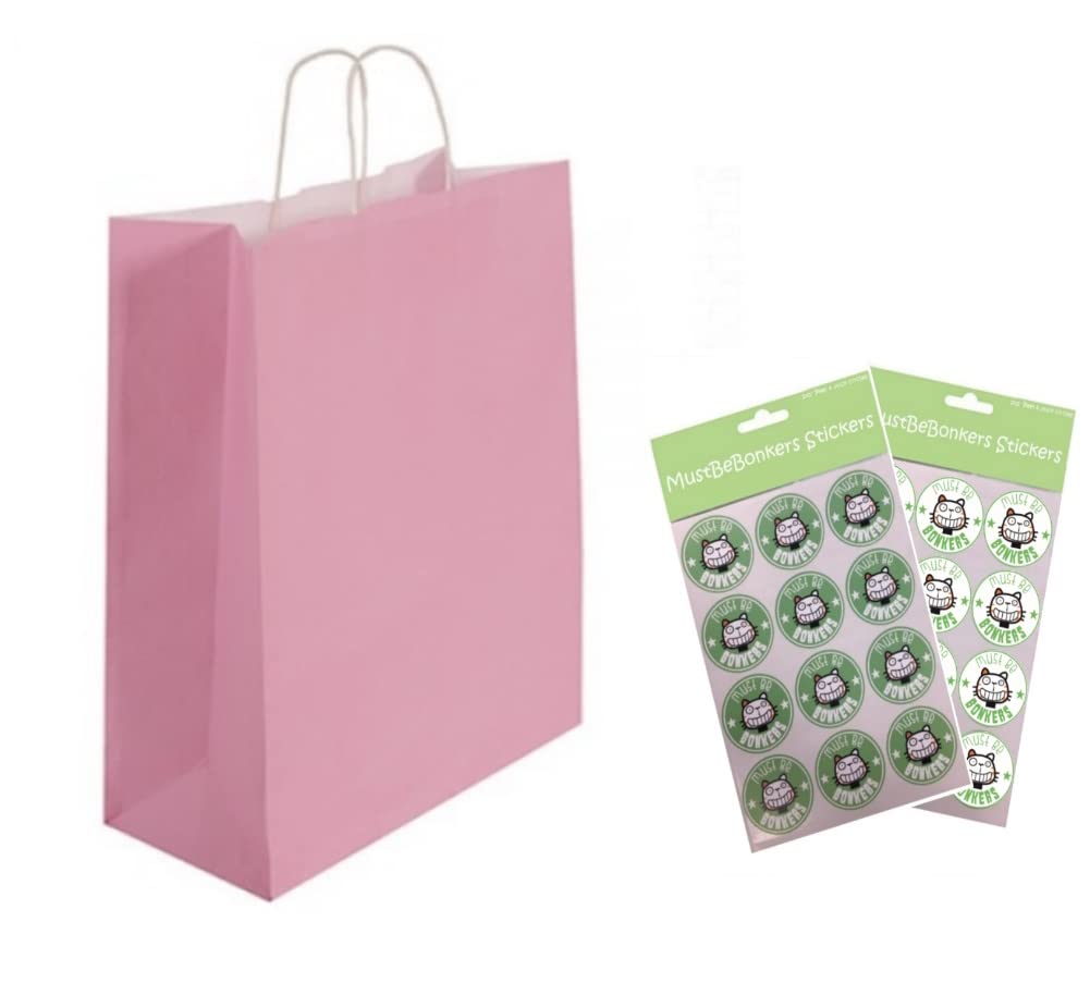 20 x A4 Paper Party Gift Bags With Seal Stickers - Boutique Shop Loot Carrier Bag - Choose Colour (Light Pink)