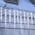 Minetom Icicle Lights Outdoor with Clips, 20ft 100 LED 20 Tubes Twinkling White Christmas String Lights, Connectable Waterproof Hanging Icicle String Light Plug in for Eave Holiday Outdoor