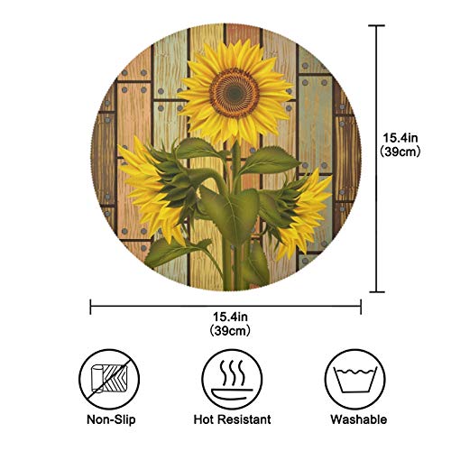 Round Placemat Set Of 4 For Dining Table Sunflower Retro Wood Grain Place Mat Heat Resistant Kitchen Table Mat For Party Home Decor Everyday Use Washable #TOP1