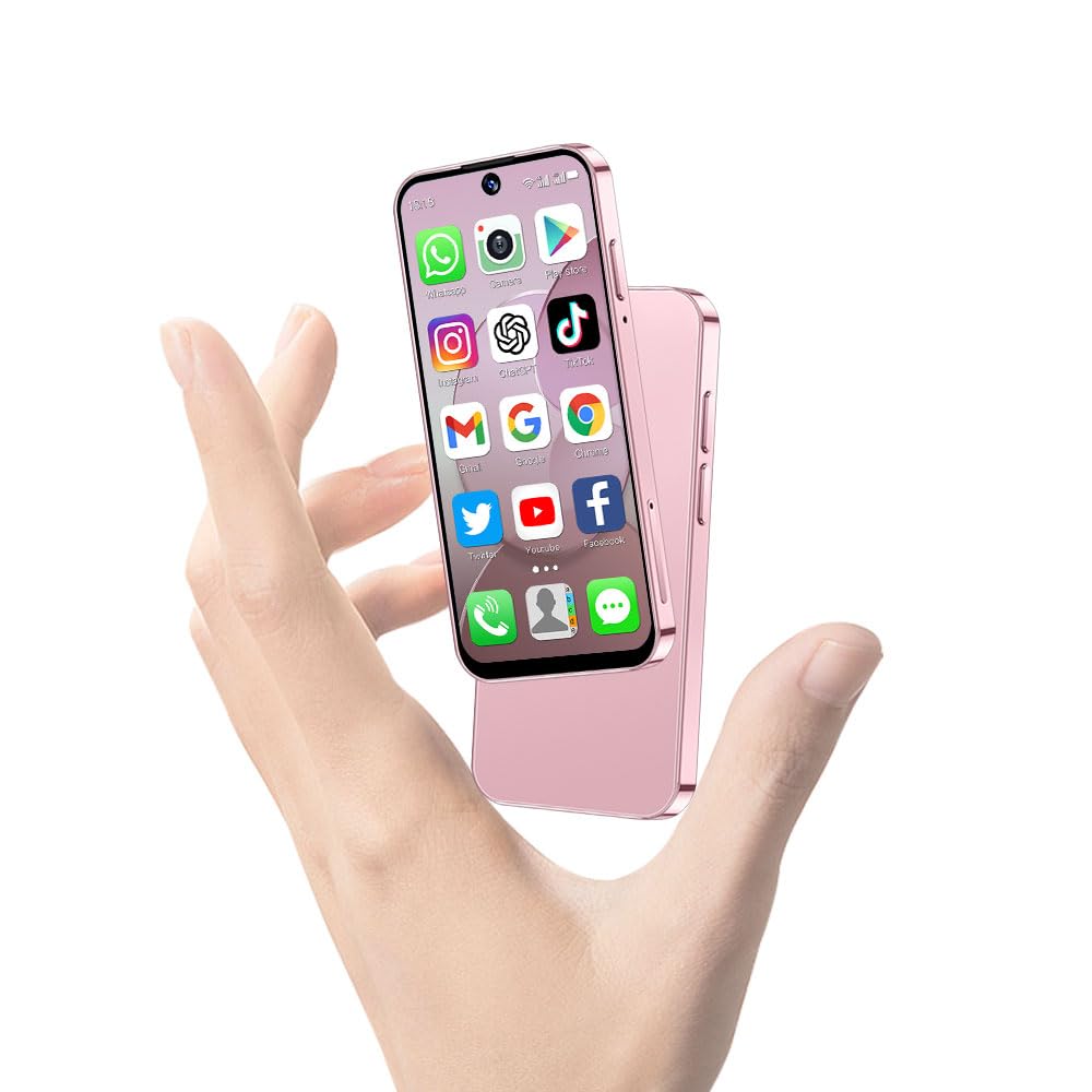 Mini Phone - World's Smallest 3.88' HD Touch Screen, Full Screen Mini Smartphone, Unlocked Android Portable Pocket Mobile Phone for Kids, Dual SIM Face ID App Download 2GB+16GB (Pink)