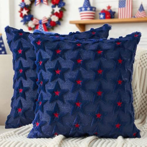 DFXSZ 4th of July Pillow Covers 18x18 inch Set of 2 4th of July Decor Red Embroidery Star Decoration Soft Plush Faux Fur Jacquard Throw Pillows Independence Day Decorations for Home Sofa PTK027A18