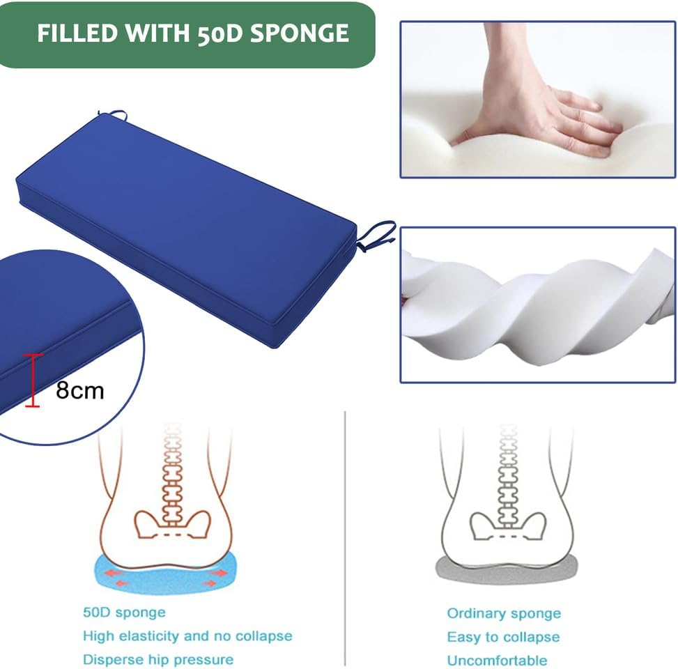 ガーデン用防水ラタンベンチクッション 厚さ8cm 滑り止めシートパッド ダブルパイピング付き ベイウィンドウソファ ブランコ パティ