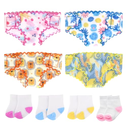 4 Stück Puppenwindeln 4 Socken Set für Newborn Baby Puppen 30-35 cm, Süßes Puppenzubehör mit Graffiti Löwe Pflanze Muschel, Baby Windeln Wiederverwendbar für 12-14 Zoll Puppen