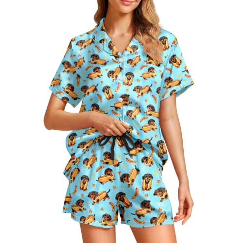 Image of Funny Satin Pajamas Set for Women Button Down Sleepwear Print Pjs Set 2 Piece Short Sleeve Loungewear Gift for Women
