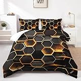 Nttopship Honeycomb Comforter Set Queen Size,100% Soft Ultra-fine Fiber Four Season Geometric Hexagon Golden Comforter Set with 1 Comforter and 2 Pillow Case