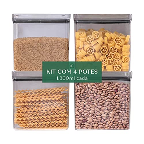 Kit 4 Potes Hermético 1300ml, 4 Etiquetas Lousa, 1 Medidor Duplo