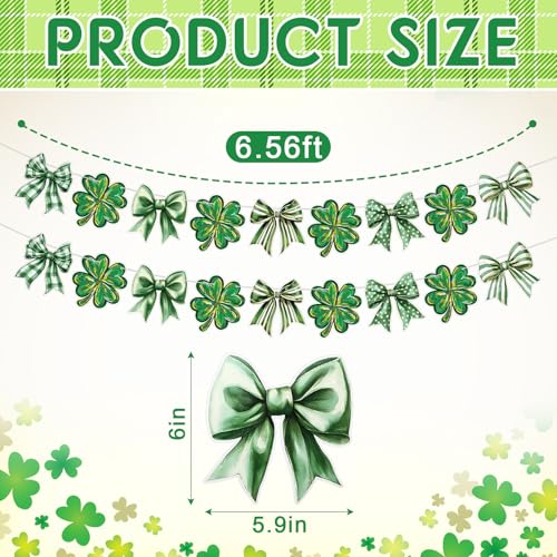 Image of Oudain 2 Pack St. Patrick's Day Paper Garland 6.56 ft Green Irish Clover Banner Lucky Shamrock Bow Hanging Garlands for Rish St. Patrick's Day Mantel Fireplace Wall Decor Indoor Outdoor Parties