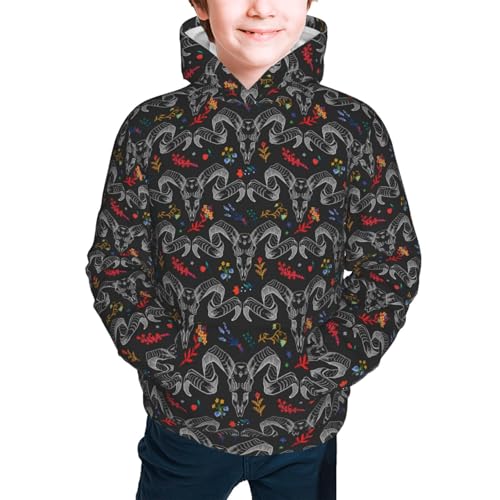 Ram Skull with Flowers Kid Hoodies Boys Sweatshirts Girls Pullover with Pocket3