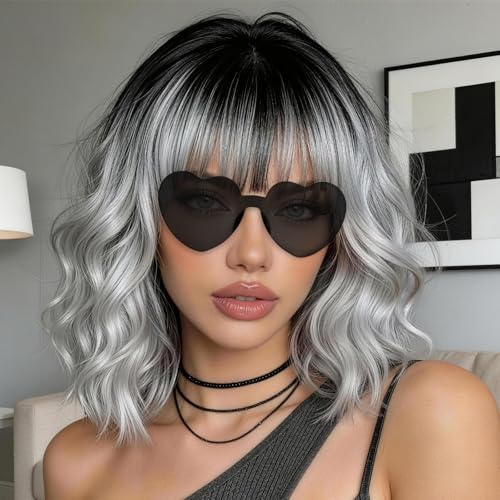 rookea Silver Gray Wavy Curly Bob Wig with Bangs Heart Sunglasses for Women 14 Inch Colored Neon Fun Party Hair Replacement Curly Synthetic Wigs for Cosplay Halloween Costume Party Music Festival