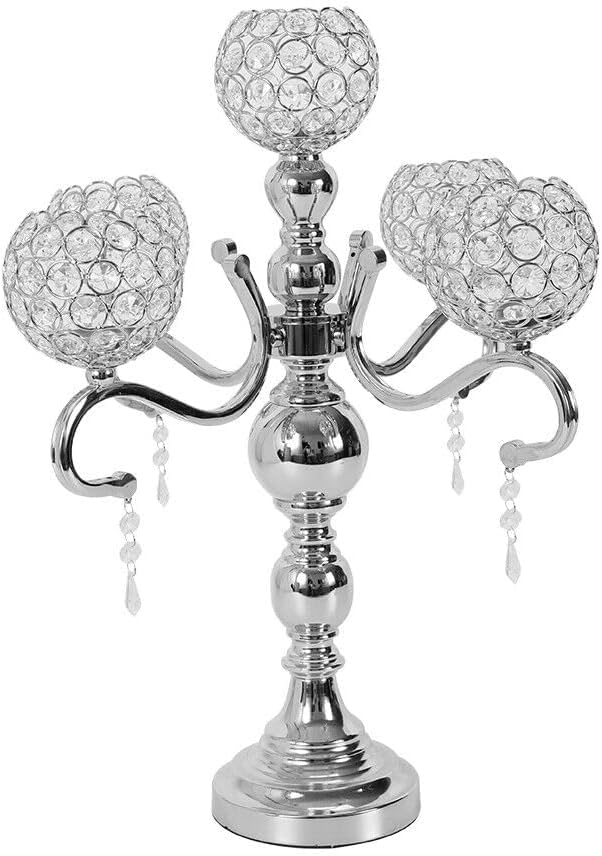 BFDIEEM 5 Arm Crystal Candelabra Centerpieces for Wedding,21.65Inches Tall Silver Metal Candlestick Holders with 5 Flower Bowl Holder for Anniversary Bathroom Party Home Decoration