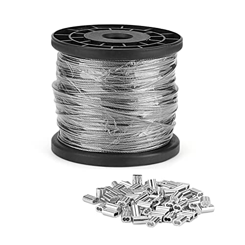 KEILEOHO 1/16 Wire Rope, 400FT/122m Stainless Steel Cable, 1.5mm Stainless Steel Wire Spool with 100 PCS Aluminum Crimping Loop Sleeve, 7x7 Strand Core