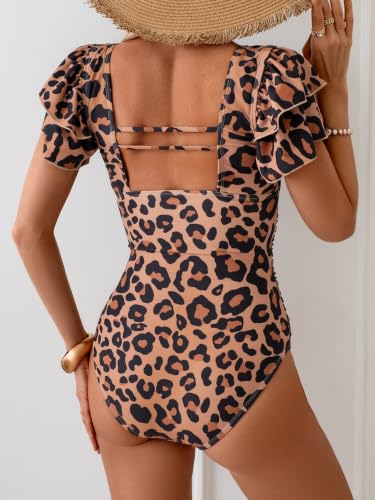 Image of Eomenie Women's Tummy Control One Piece Swimsuit Ruffle Square Neck Bathing Suit Ruched Cutout Back Slimming Swimwear