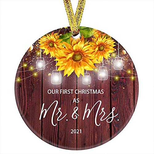 Kooer Our First Christmas as Mr & Mrs Ornament 2021 Sunflower Newlyweds 3" Circle Porcelain Ceramic Wedding Ornament (Sunflower Mr & Mrs)