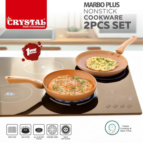 Image of Crystal Marbo Plus Induction Bottom 2 Pc Nonstick cookware Set | Tawa 250 mm + Fry Pan 225 mm | Thickness: 3mm | 5 Layer Coating | Metal Spoon Friendly | Colour - Sandalwood