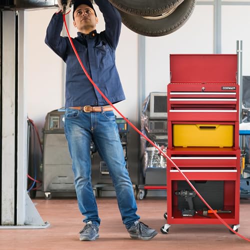 COSTWAY 2 in 1 Werkstattwagen inkl. Koffer & 9 Fächer & Haken, Werkzeugwagen Abschließbar auf Rädern ohne Werkzeug, Profi Werkzeugschrank Metall, 61,5 x 33 x 132 cm (Schwarz + Rot) – Bild 3
