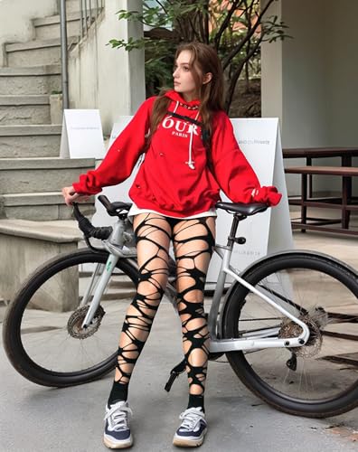 Mingnos Women's Ripped Tights Punk Goth Distressed Leggings Irregular Fishnet Stockings Y2K Ragged Pantyhose Hosiery4