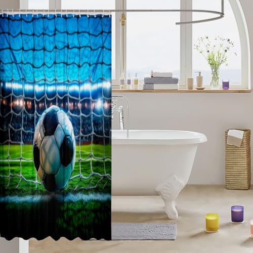 Image of Feelyou Football Shower Curtain for Stalls Bathtubs Sports Theme Bathroom Shower Curtain Set Soccer Ball Bath Curtain Room Decor Competitive Games Waterproof Bathroom Curtains 72x84 Inch