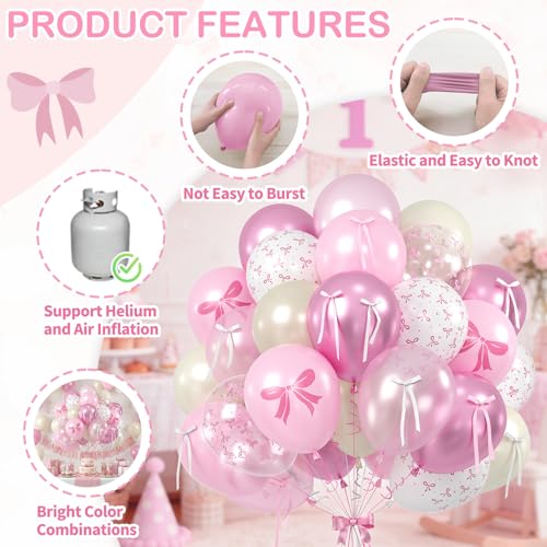 Image of Pink Bow Balloons, 60PCS Double Stuffed Pearl White Light Pink Balloon, 12 Inch Pastel Pink White Bow Printed Balloons with Ribbon for Girls Birthday Baby Shower Wedding Coquette Party Decorations