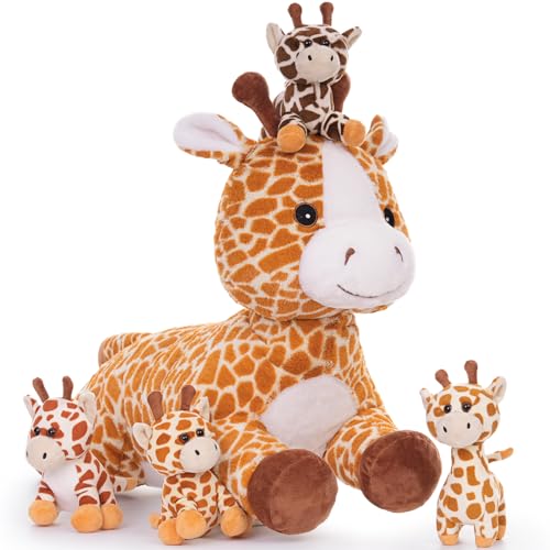 MorisMos 55cm lang riesen Giraffe Kuscheltier groß, Giraffe Stofftier XXL mit 4 Plüschbaby im Bauch, liegend Plüsch Hirsch Rehteddy,Geschenk Kinder Mädchen Jungen